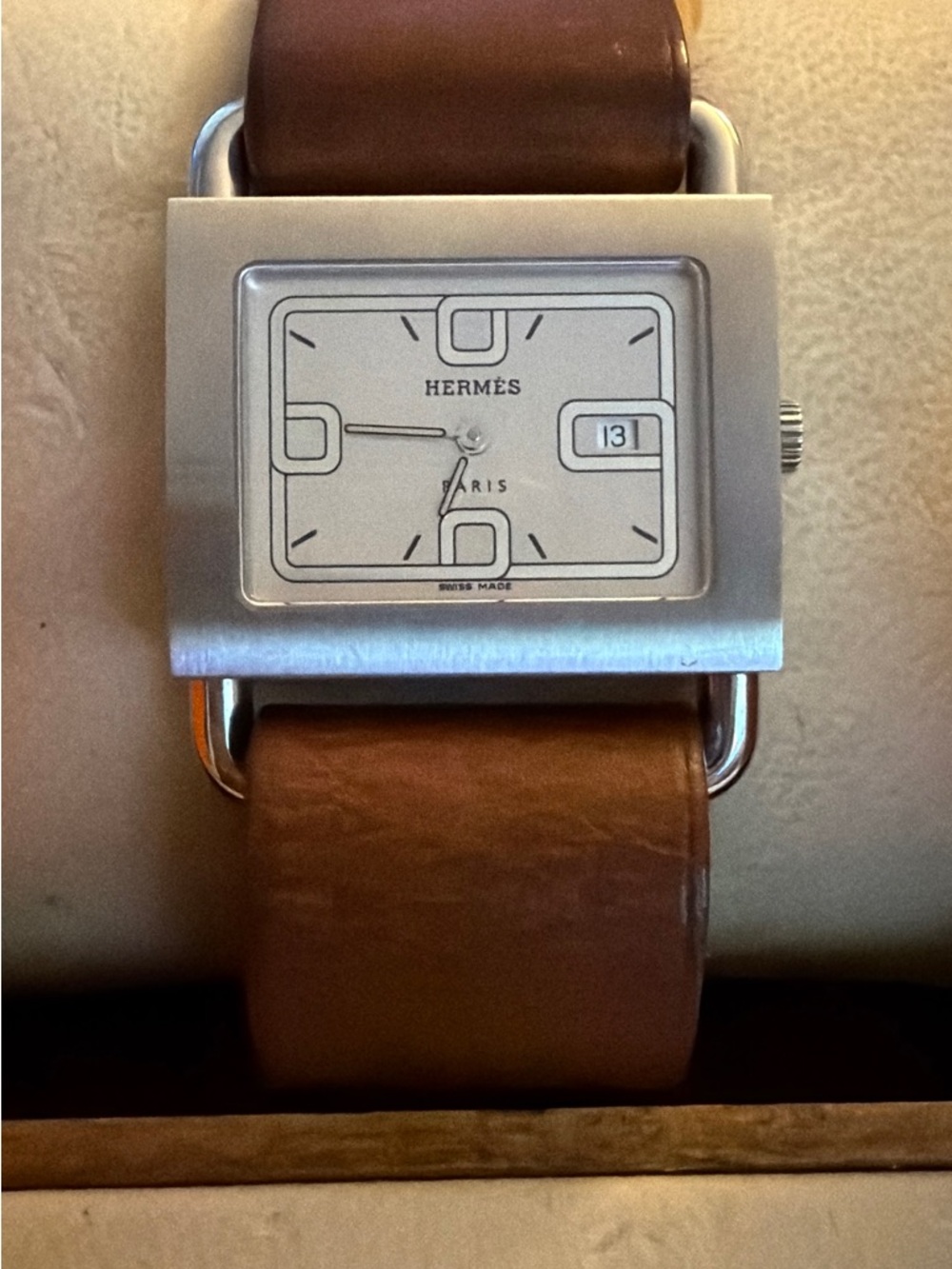 Hermès Stainless Steel Square Watch with Brown Leather Strap